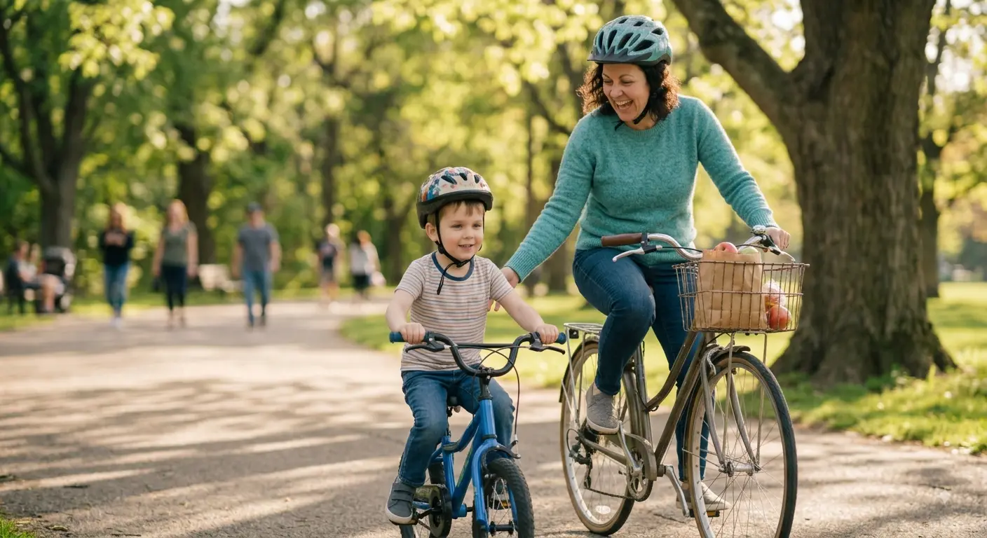 Mãe e filho andando de bicicleta no parque