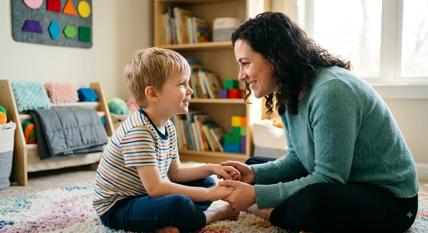Mãe e filho sentados no tapete, de mãos dadas, se olhando