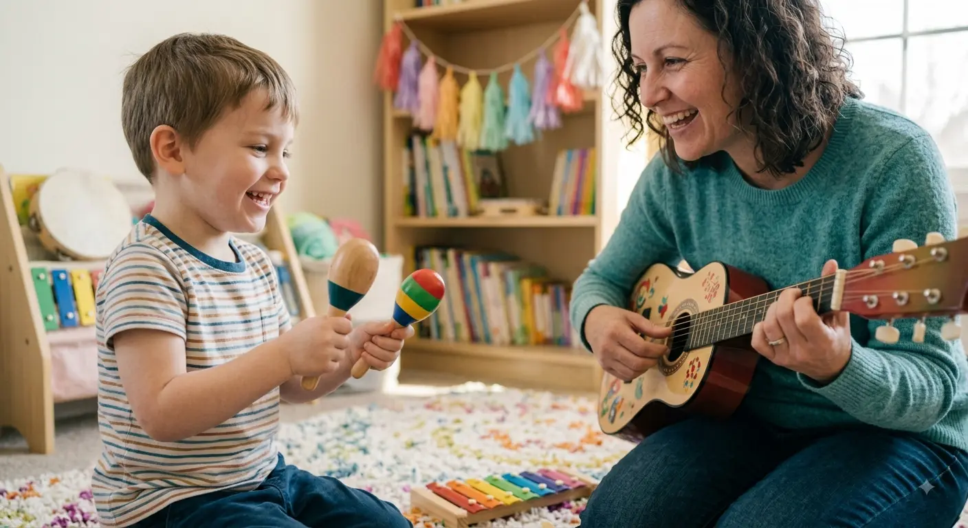 Criança tocando chocalho enquanto a mãe toca violão