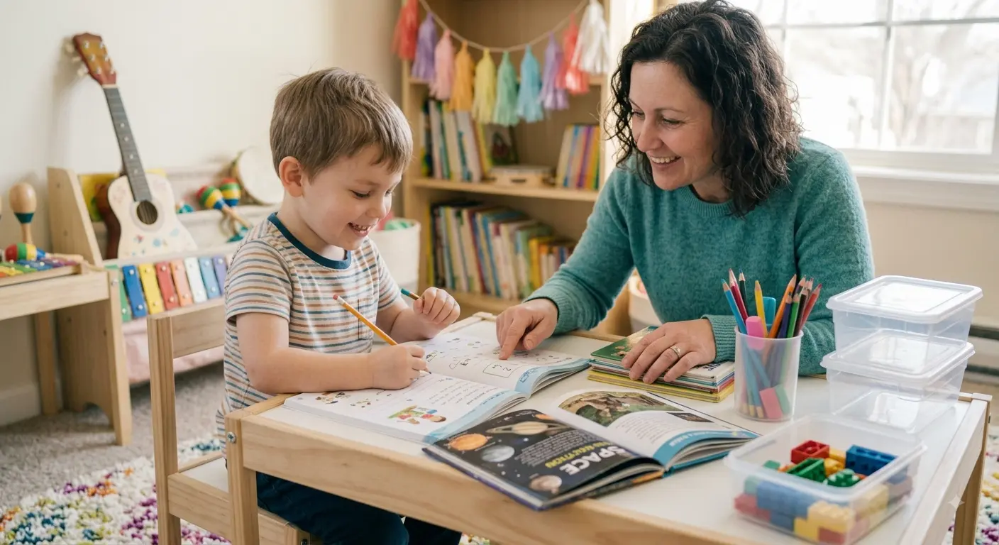 Mãe e filho estudando juntos na mesa do quarto