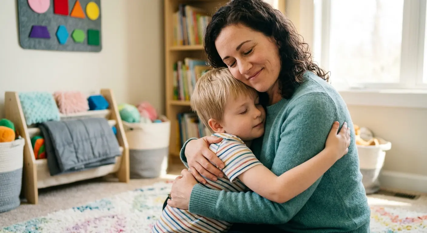 Mãe abraçando o filho no quarto de brinquedos