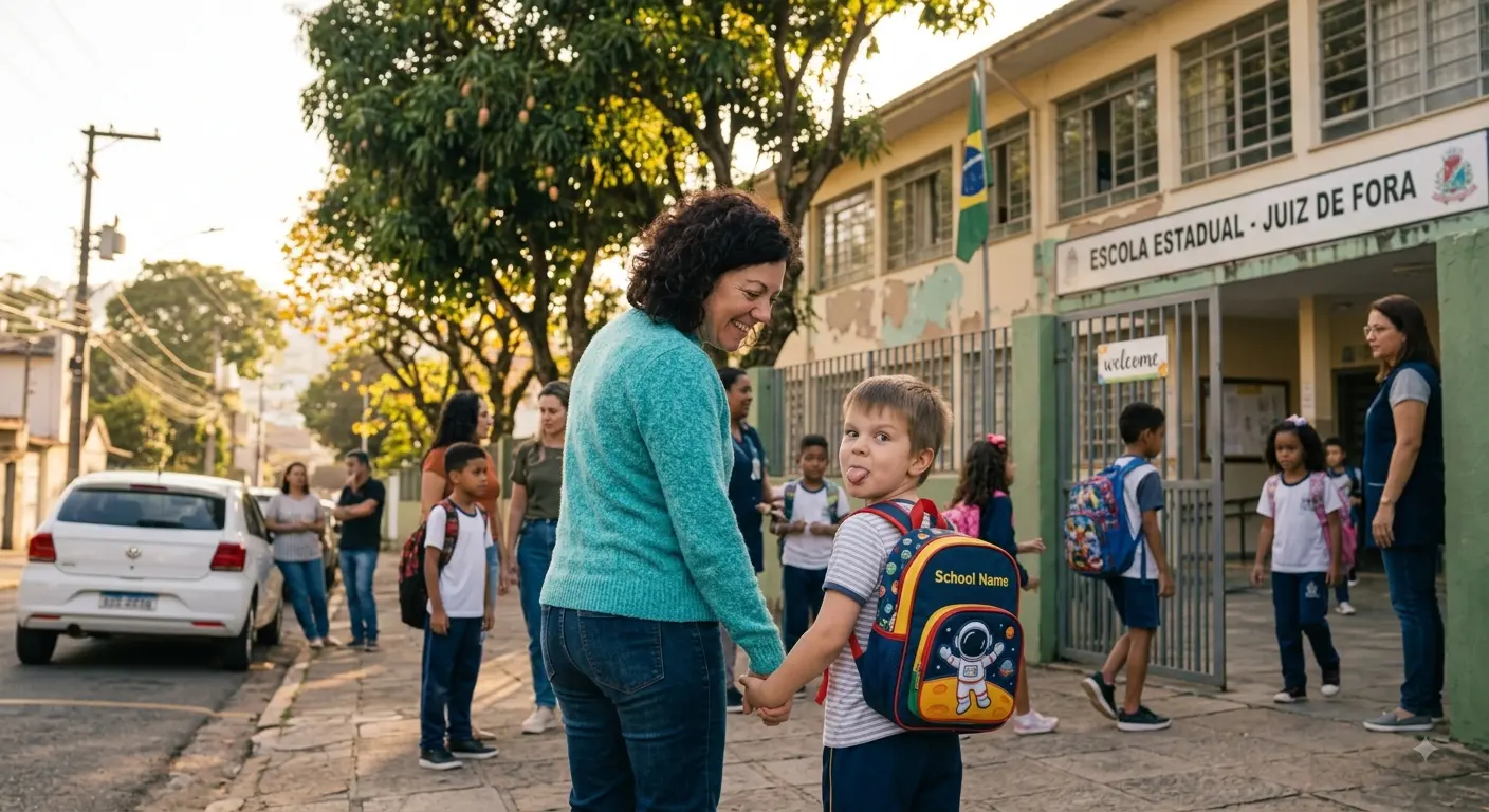 Mãe levando o filho à escola estadual