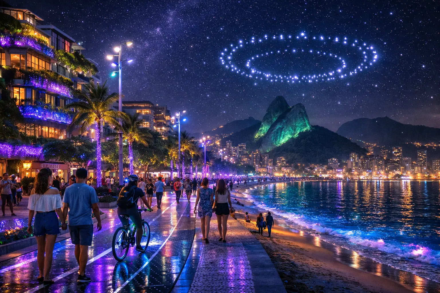 Orla iluminada à noite com famílias caminhando, ciclistas e luzes desenhando figuras no céu