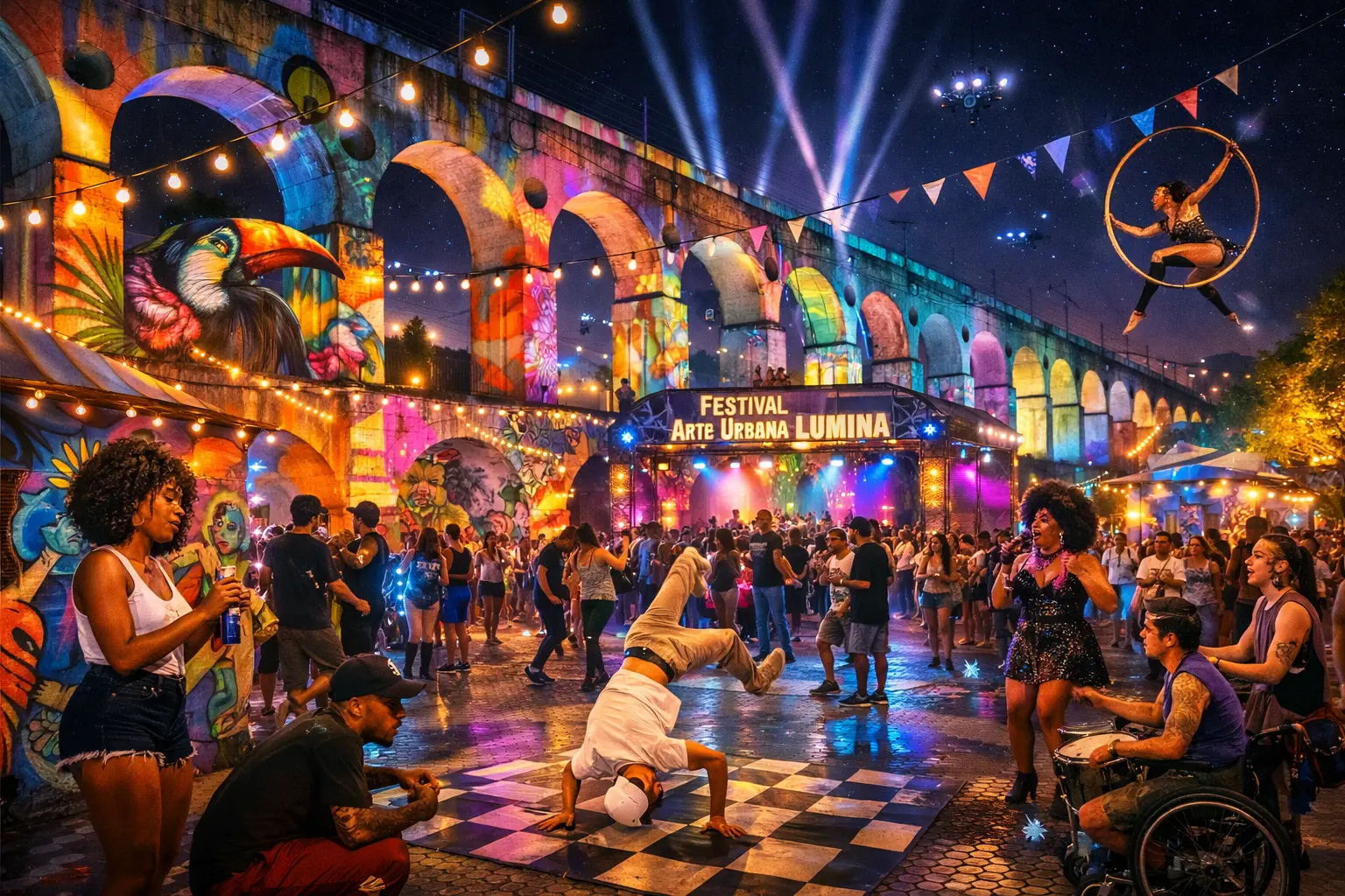 Festival de arte urbana à noite sob os arcos, com dança, música e projeções coloridas
