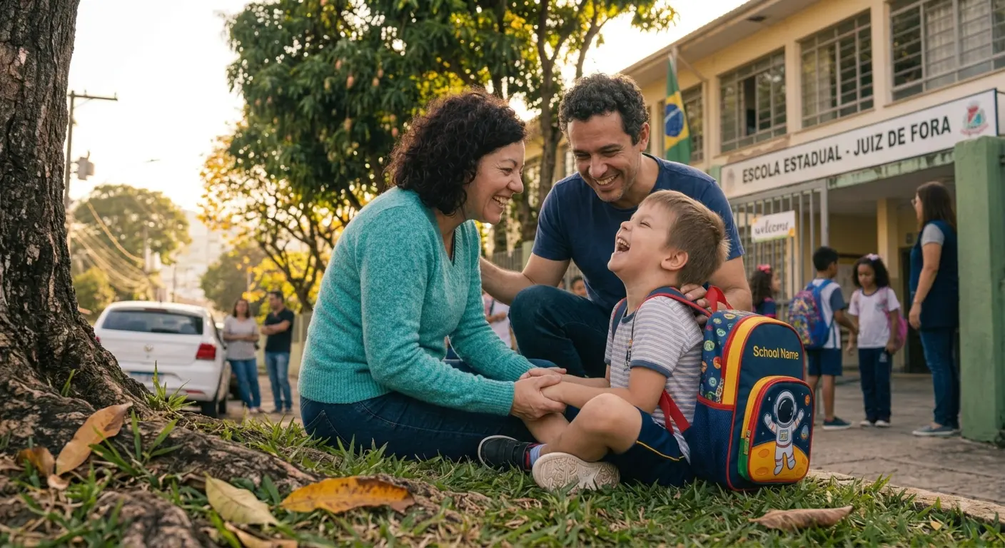 Família conversando com o filho na frente da escola